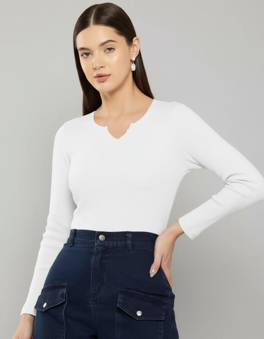 Casual Polyester Ribbed Blend Notch V-Neck Full Sleeves Stylish Latest Regular Solid Black Top (21"Inches).