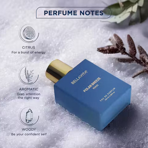 Bellavita Polar Breeze Man blue perfume bottle with gold cap on snow. Notes: citrus, aromatic, and woody.