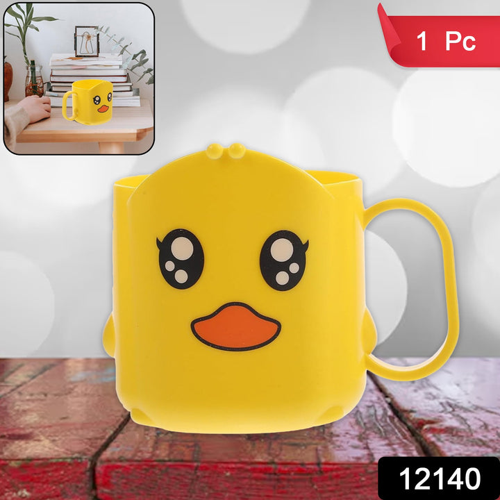 Yellow cartoon toothbrush cup with duck face design and handle for home and kitchen use