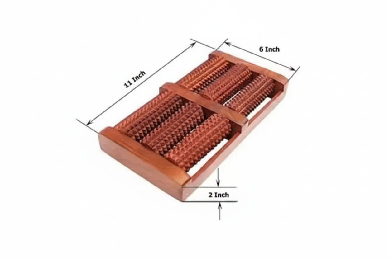 A wooden acupressure massage tray with dimension annotations showing 11 inches in length, 6 inches in width, and 2 inches in height.