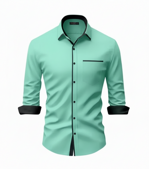 Mint green shirt with black accents on a white background