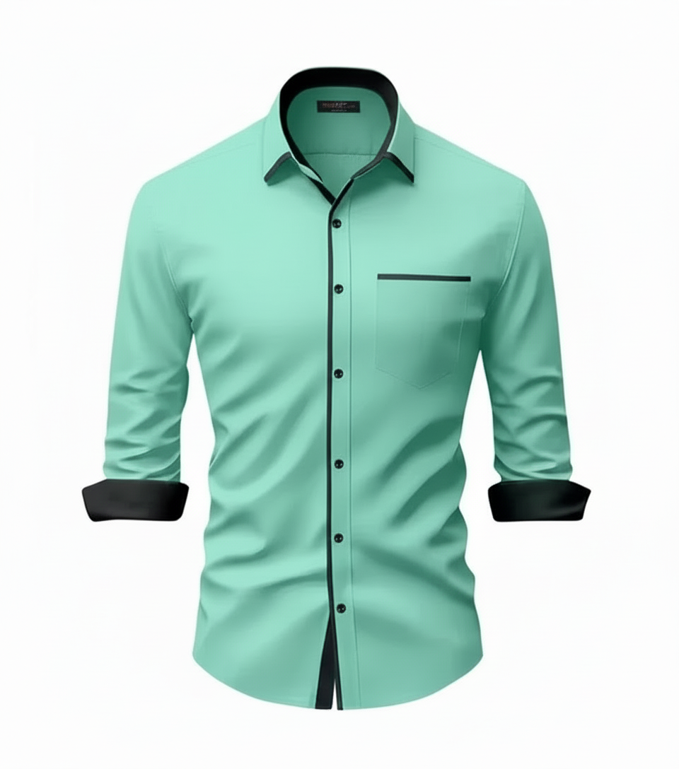 Mint green shirt with black accents on a white background