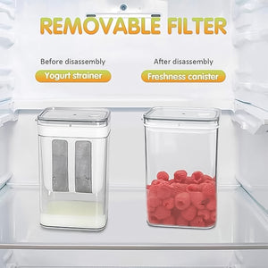 Superior eMart yogurt strainer with storage and removable filter shown in refrigerator with fresh raspberries