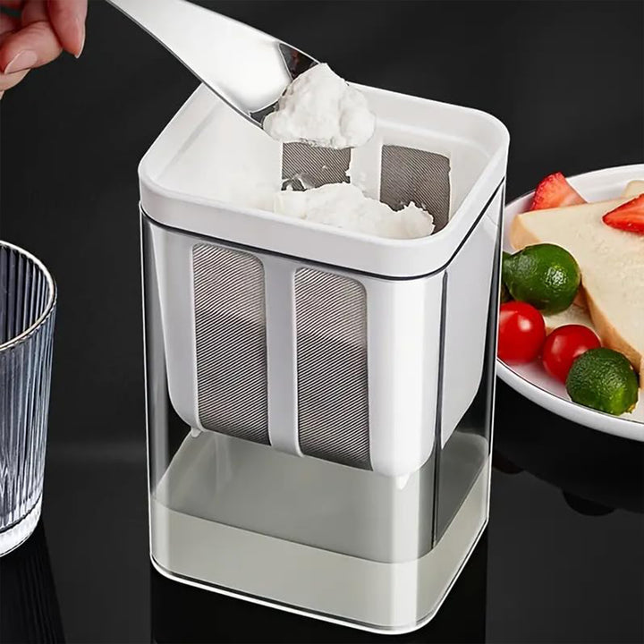 Superior eMart yogurt strainer with storage in white with a mesh filter and clear container for homemade yogurt