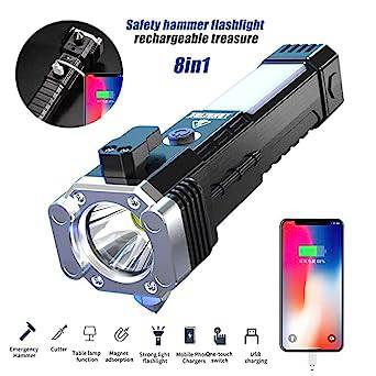 1524 Portable 3w Rechargeable Torch Led Flashlight Long Distance Beam Range Hammer And Strong Magnets Window Glass And Seat Belt Cutter 4 Modes For Car Camping Hiking Indoor Outdoor - Superior eMart