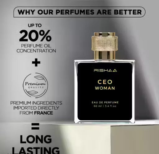 Perfume bottle with promotional text on a gray background