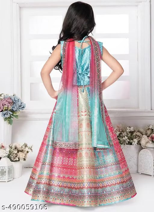 KIDS Printed Mirror Work Lehenga & Blouse With Dupatta