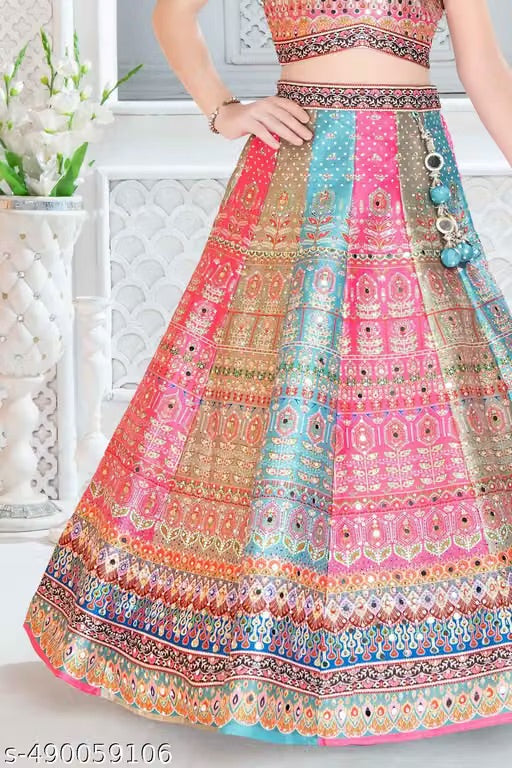 KIDS Printed Mirror Work Lehenga & Blouse With Dupatta